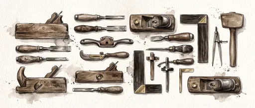 Watercolor Illustration of Traditional Woodworking Hand Tools