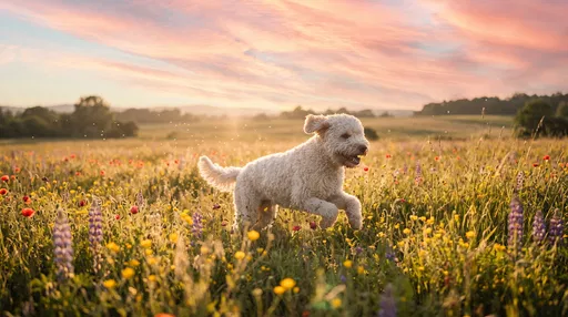 Curly White Dog Running in Meadow