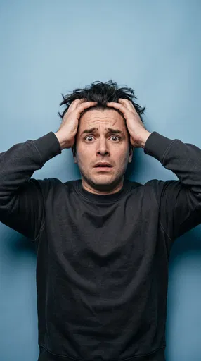 Shocked Man Holding Head on Blue Background