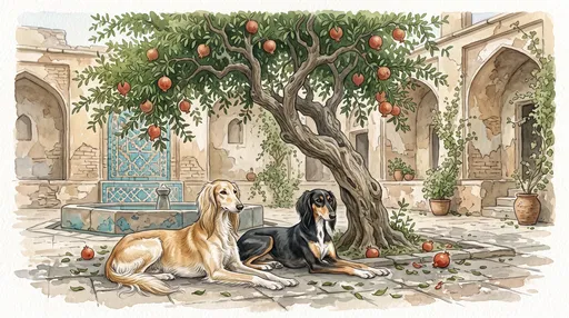Two Persian Hounds Resting Under Pomegranate Tree