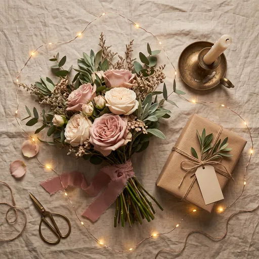 Rustic Rose Bouquet and Gift Flat Lay