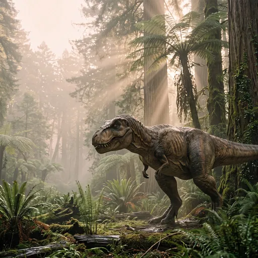 Tyrannosaurus Rex in Misty Redwood Forest