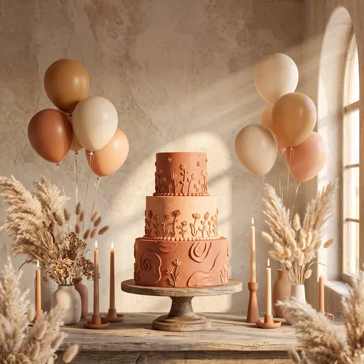 Terracotta Tiered Cake With Neutral Balloons