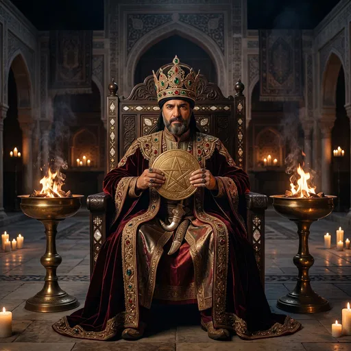 Monarch Holding Golden Pentacle on Throne