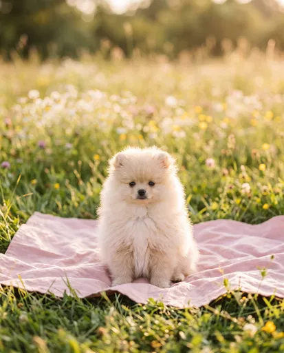 Cream Pomeranian Puppy in Meadow