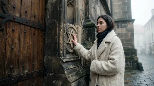 Woman Touching Carved Stone Star of David