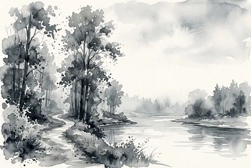 Monochrome Watercolor River Trail Landscape