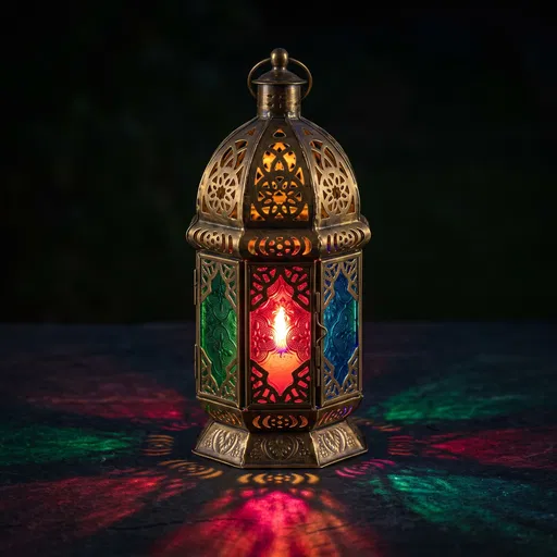 Ornate Brass Moroccan Lantern With Stained Glass