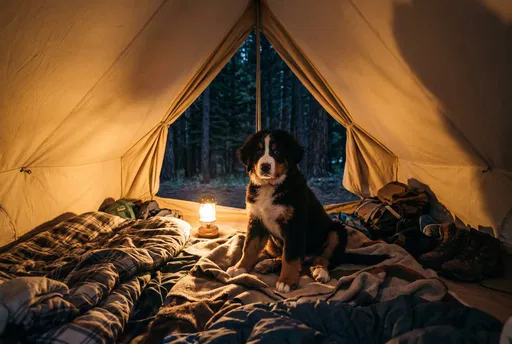 Bernese Mountain Dog Puppy in Camping Tent