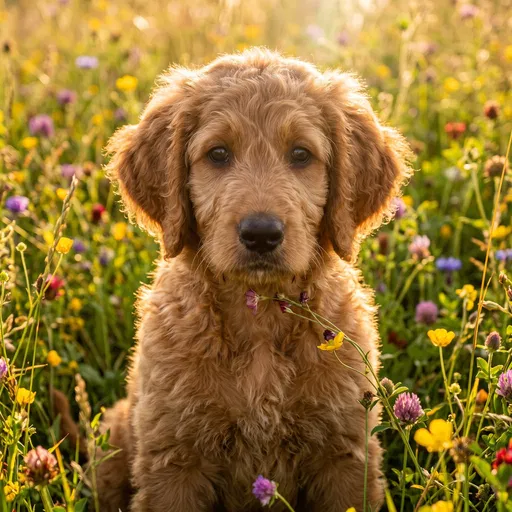 Golden Doodle Puppy in Wildflower Meadow