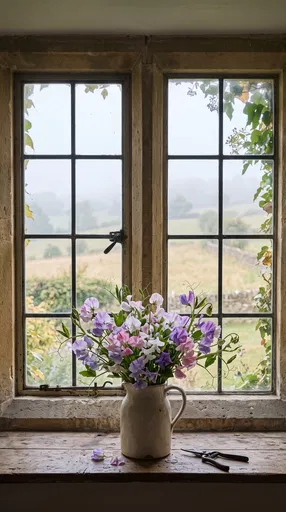 Sweet Peas on Rustic Cottage Windowsill