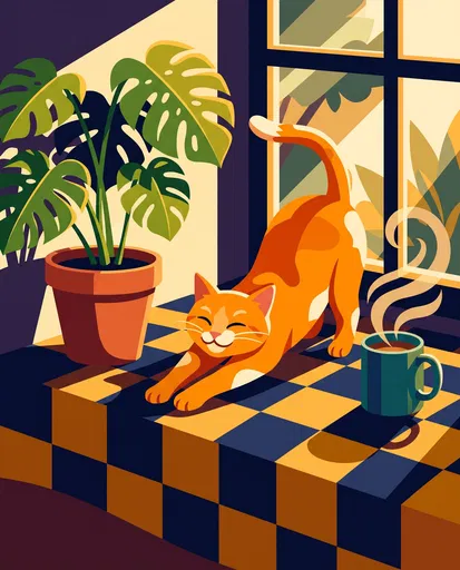 Ginger Cat Stretching on Sunlit Windowsill
