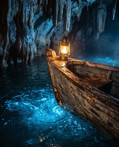 Lantern on Rowboat in Bioluminescent Cave