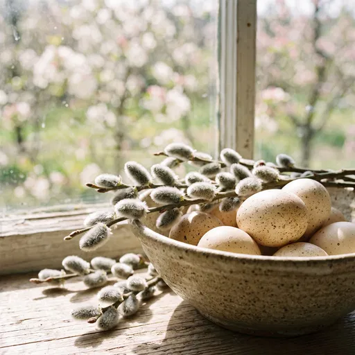Speckled Eggs and Pussy Willows on Windowsill