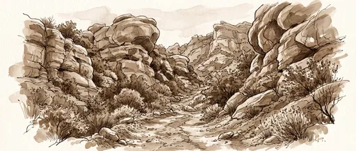 Sepia Watercolor Illustration of Rocky Canyon Trail