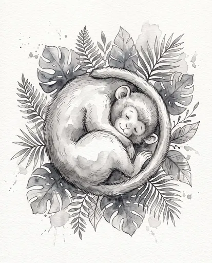 Sleeping Monkey in Tropical Leaves Watercolor