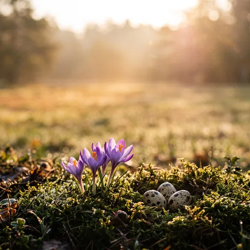 Purple Crocuses and Speckled Eggs in Moss