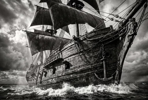 Dramatic Monochrome Wooden Pirate Ship at Sea