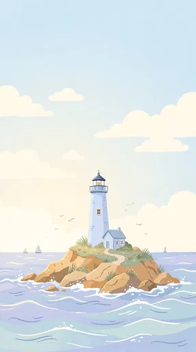 Pastel Blue Lighthouse on Rocky Islet