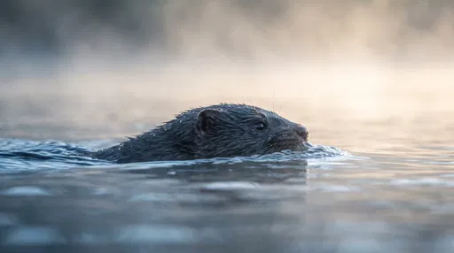 Mink Swimming in Misty Dawn River