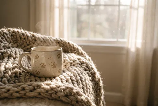 Paw Print Mug on Chunky Knit Blanket