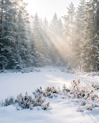 Sunlit Misty Winter Forest Clearing