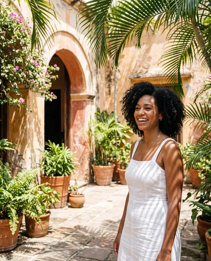 Smiling Woman in Sunlit Colonial Courtyard