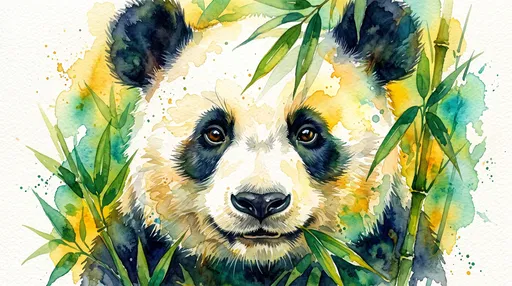 Watercolor Giant Panda With Bamboo Leaves