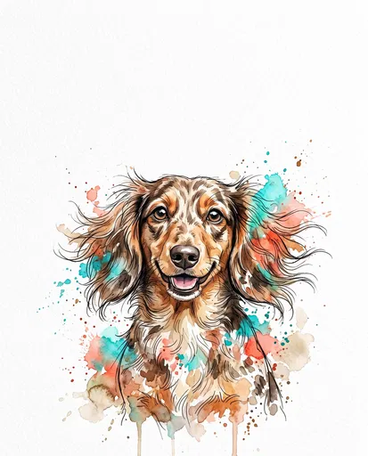 Watercolor Portrait of Happy Dapple Dachshund
