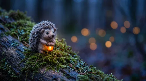 Felted Hedgehog Holding Glowing Acorn Lantern
