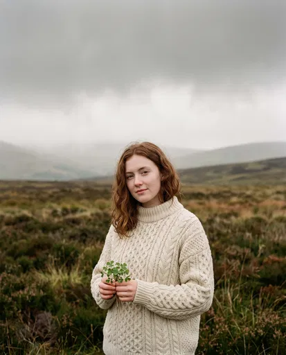 Woman Holding Shamrocks in Misty Moorland