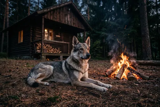 Wolfdog Resting by Forest Cabin Campfire