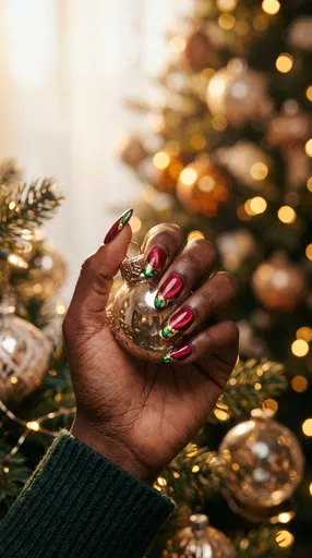 Festive Red and Green Manicure with Ornament
