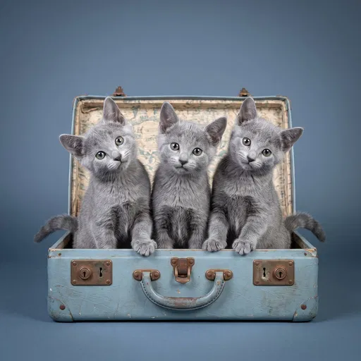 Three Gray Kittens in Vintage Blue Suitcase