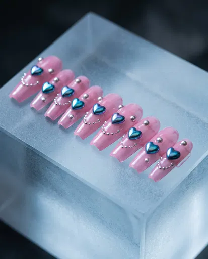 Pink Press-On Nails With Blue Hearts