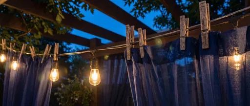 Clothespins Holding Patio Curtains and String Lights