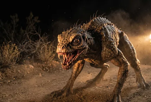 Snarling Reptilian Chupacabra on Dusty Night Road