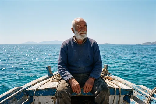 Elderly Fisherman Sitting on Wooden Boat