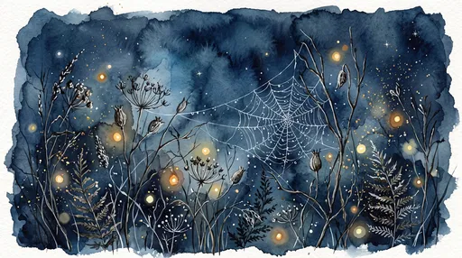 Watercolor Nocturnal Garden with Spiderweb