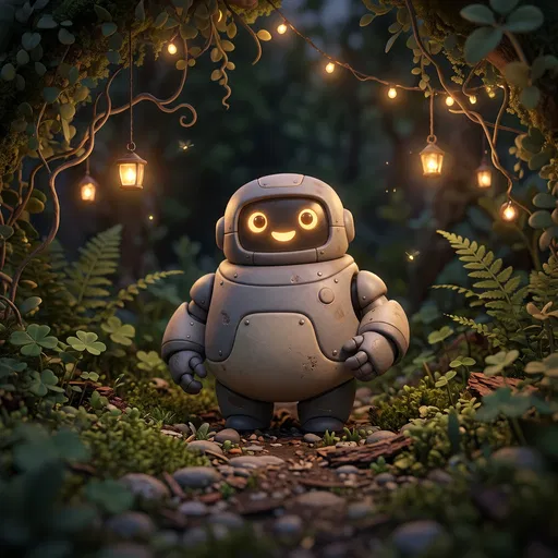 Friendly Little Robot in Enchanted Garden