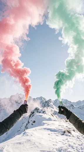 Hands Holding Pastel Smoke Flares on Mountain