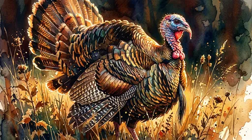 Watercolor Illustration of Backlit Wild Turkey