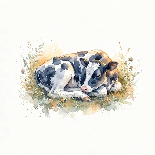 Watercolor Sleeping Holstein Calf in Grass