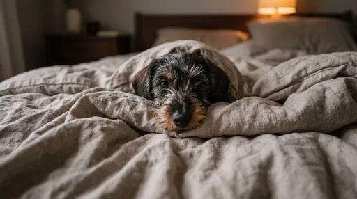 Wire-Haired Dachshund Under Linen Duvet