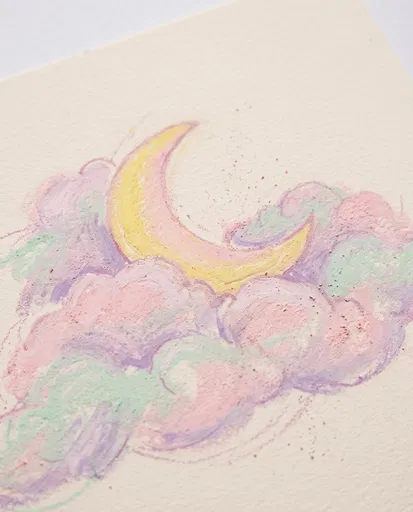 Pastel Crescent Moon and Clouds Drawing