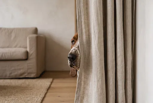 Basset Hound Peeking Behind Linen Curtain