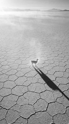Lone Llama on Cracked Salt Flat