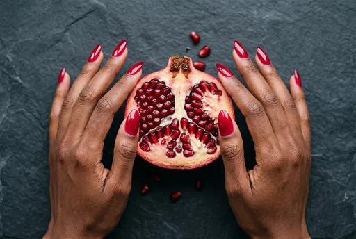 Hands With Red Almond Nails Framing Pomegranate