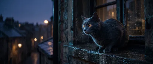 Gray Cat on Rainy Windowsill at Dusk