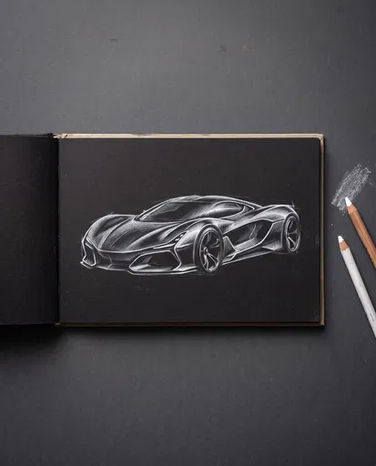 White Charcoal Hypercar Sketch in Black Sketchbook